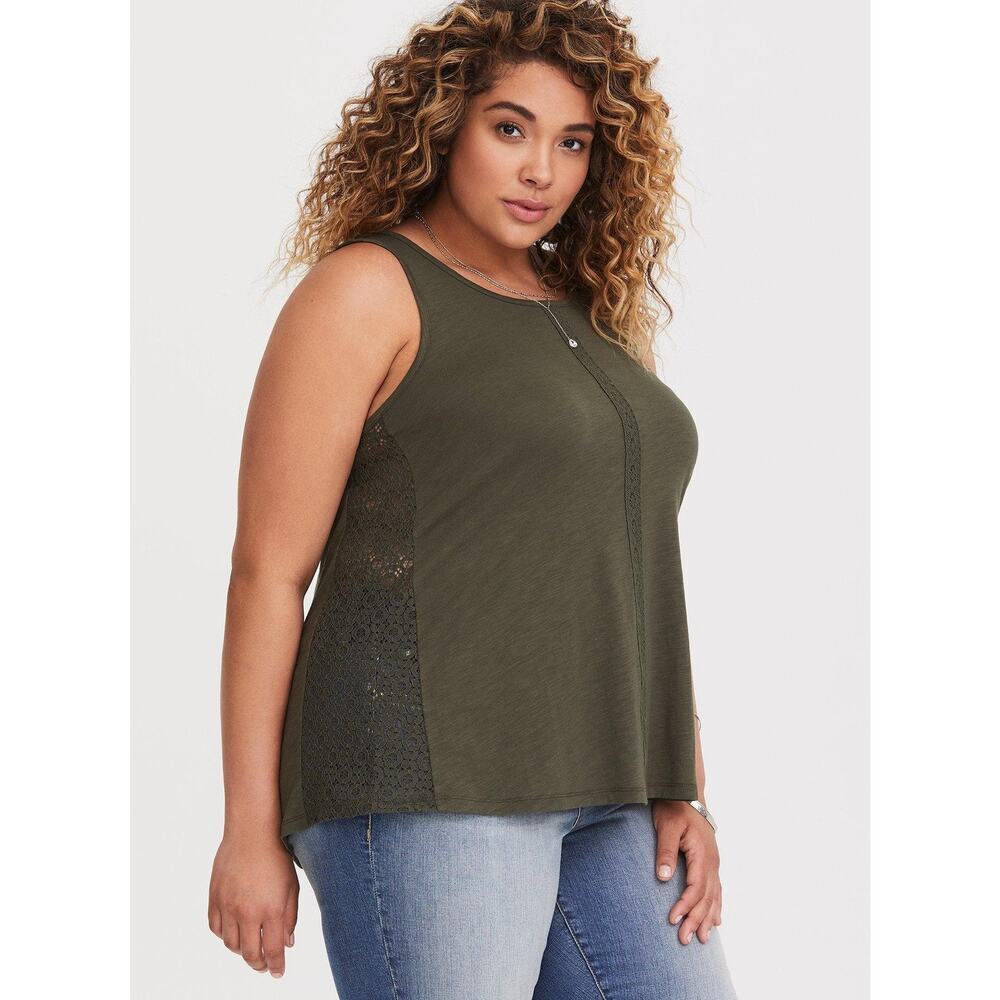 Torrid Tank Top 1X Olive Green Lace Inset Tank Top Sleeveless Cotton Modal